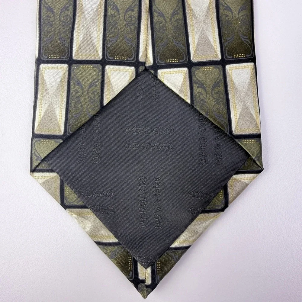 Bergamo New York Mens Handmade Pure‎ Silk Necktie Olive Green Gold Geometric